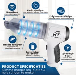 HomeShift® Auto Stofzuiger Draadloos V2 - Kruimelzuiger - Handstofzuiger - Kleine Stofzuiger - Draadloze stofzuiger - Air Duster - Nat & Droog - Grijs — thumbnail 11