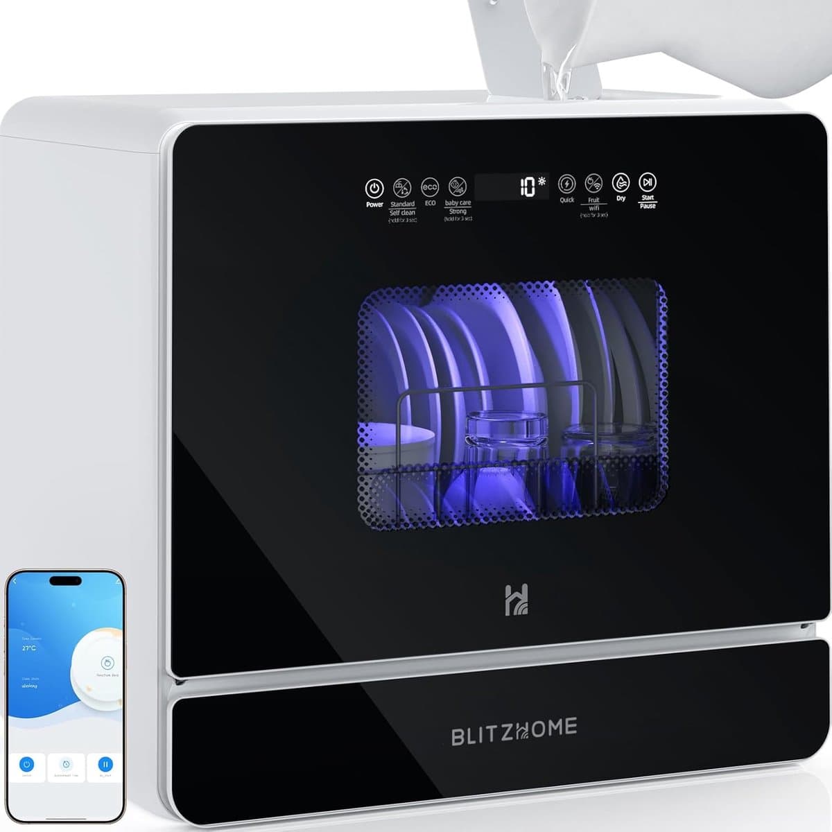 BLITZHOME Vaatwasser BH-6-CDW1 – draagbaar tafelmodel, 5,2L, 9 programma's, PTC hete lucht droging, 3D 360° sproei, app-bediening, EU-stekker — afbeelding 1