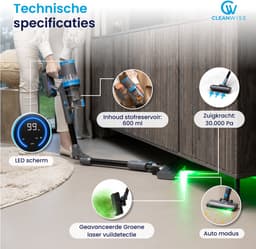 CleanWise Rita Flex – Steelstofzuiger Draadloos met Gebogen Stang & Kruimeldieffunctie – Zonder Zak op Accu – 30kPa Zuigkracht – Groene Laser – HEPA 14 Filter – Tot 60 Min Accuduur – Voor Huisdierharen – Nederlands Product — thumbnail 7