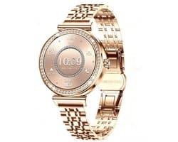 Knobbout Luxe Dames Smartwatch 1.27” met Kristallen – Bluetooth Bellen – HD Touchscreen – Hartslag, Bloeddruk & SpO₂ Monitoring – Vrouwelijke Gezondheidsfuncties – AI spraakassistent– IP68 Waterdicht – Rosé goud stalen horlogeband