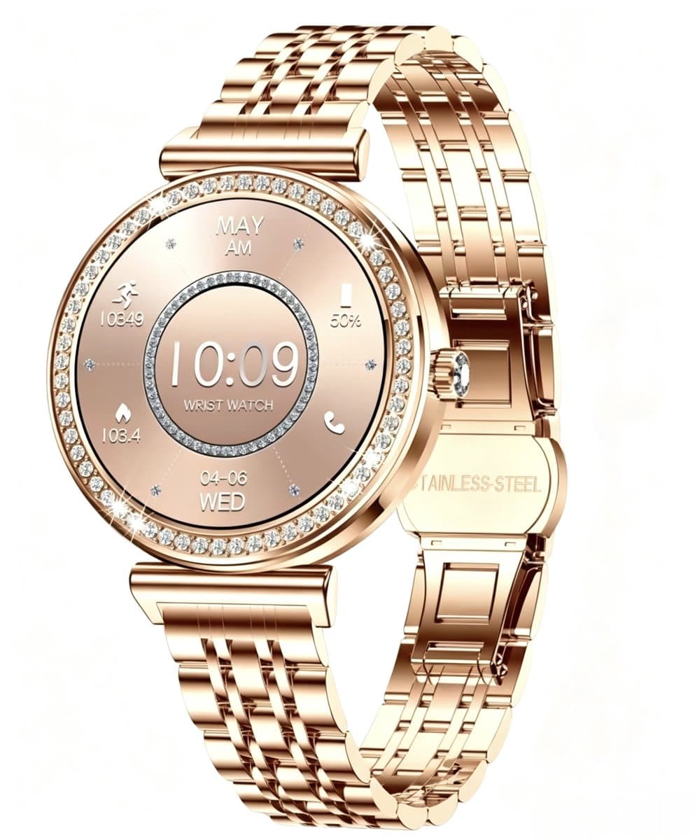 Knobbout Luxe Dames Smartwatch 1.27” met Kristallen – Bluetooth Bellen – HD Touchscreen – Hartslag, Bloeddruk & SpO₂ Monitoring – Vrouwelijke Gezondheidsfuncties – AI spraakassistent– IP68 Waterdicht – Rosé goud stalen horlogeband — afbeelding 1
