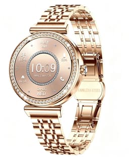 Knobbout Luxe Dames Smartwatch 1.27” met Kristallen – Bluetooth Bellen – HD Touchscreen – Hartslag, Bloeddruk & SpO₂ Monitoring – Vrouwelijke Gezondheidsfuncties – AI spraakassistent– IP68 Waterdicht – Rosé goud stalen horlogeband — thumbnail 1