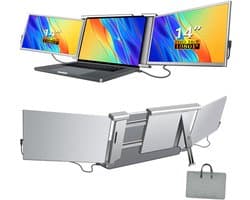 YOR® Professionele Portable Monitor Pro 2024 - Full HD - 13” / 16,5” Tri-Screen - Laptop Scherm Uitbreider - Inclusief Beschermhoes en Kabels - Krachtig - Zilver - 4cm x 34cm x 23cm