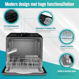 Luxe Mini Vaatwasser – Vrijstaande Kleine Vaatwasser – Met App – Met Waterreservoir – Modern Design – Zwart — thumbnail 4