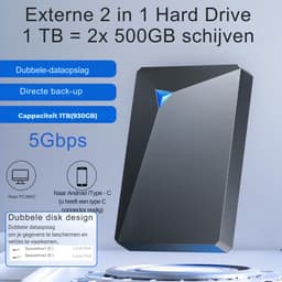 Dutch Wanted Double- HDD Externe Harde Schijf - Snelle writing speed - 1TB (2x 500GB) dubbele schijf van 2x 500GB voor directe back up - Plug and play - Opslag extern pc of laptop - USB 3.2 - Zwart — thumbnail 4