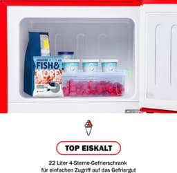 Retro koelkast. Freezer -combinatie. 88,8 cm hoog, 45,5 cm breed, twee dader, met een totaal van 60 liter totaal volume, 22 liter vriezervolume. 102 kWh/jaar, -27 ° C ∽ 13 ° C, LED -licht. Premium rode energieklasse E — thumbnail 12