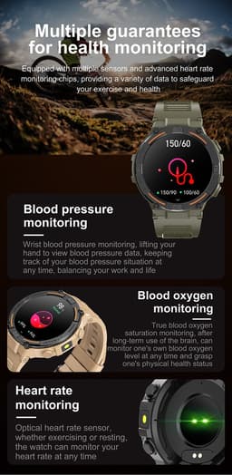 Knobbout 1.52" (3.8cm) Schokbestendig Sport Smartwatch - Zijwaartse LED-verlichting-Bloeddrukmeting, hartslag monitoring en bloedzuurstof (SpO₂)-controle- Bluetooth belfunctie - Sedentaire herinnering-Sedentaire herinnering-Zwart stall+ siliconenband — thumbnail 5