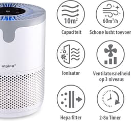 alpina Luchtreiniger met HEPA Filter H13 - Air Purifier met Ionisator voor Ruimtes 5-10 m2 - Lucht Reiniger 60 m³/h - Air Cleaner met 3 Snelheden - 230V/12W - Wit — thumbnail 2