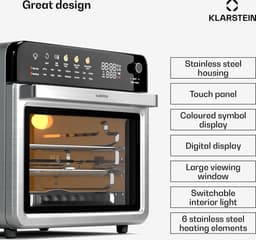 Klarstein Airfryer AirGlaze Digitale Kleuren Heteluchtfriteuse – 34 liter, 2200 W, 19 Programma's, Rotisserie, Touchscreen, 40-350 °C, Pizzasteen & Grillroosters, Roestvrij Staal, Dubbelwandige Deur, Zwart - voor Keuken - Heteluchtoven — thumbnail 5