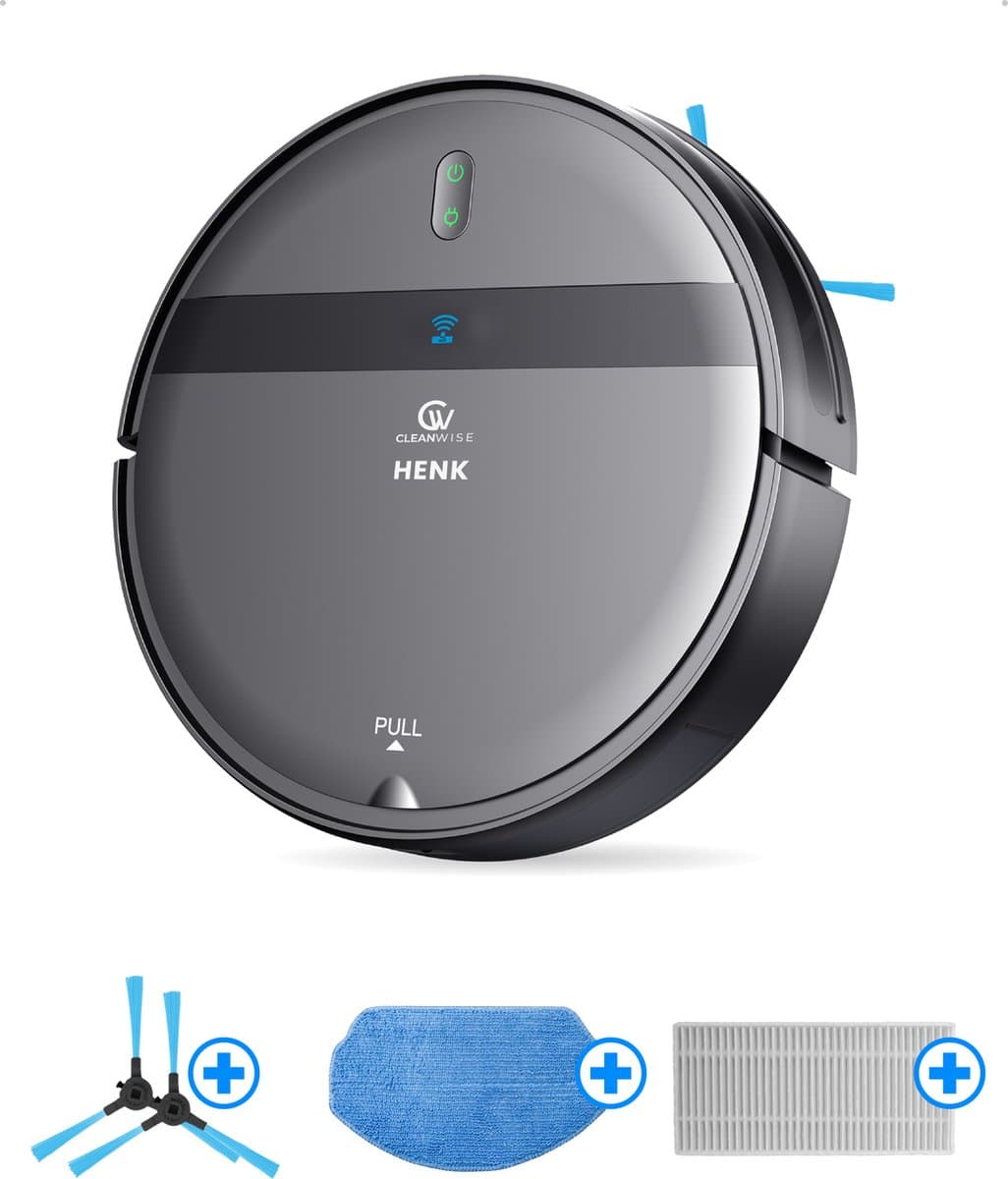CleanWise Henk Robotstofzuiger + Onderhoudspakket – Nederlands Product – Voor Huisdieren – Met Dweilfunctie & Laadstation – Dweilrobot – 4500 Pa – HEPA 14 – Ultra dun 7,4 cm – App & Spraakbediening – Voor Huisdierharen, Harde Vloeren & Tapijt — afbeelding 1