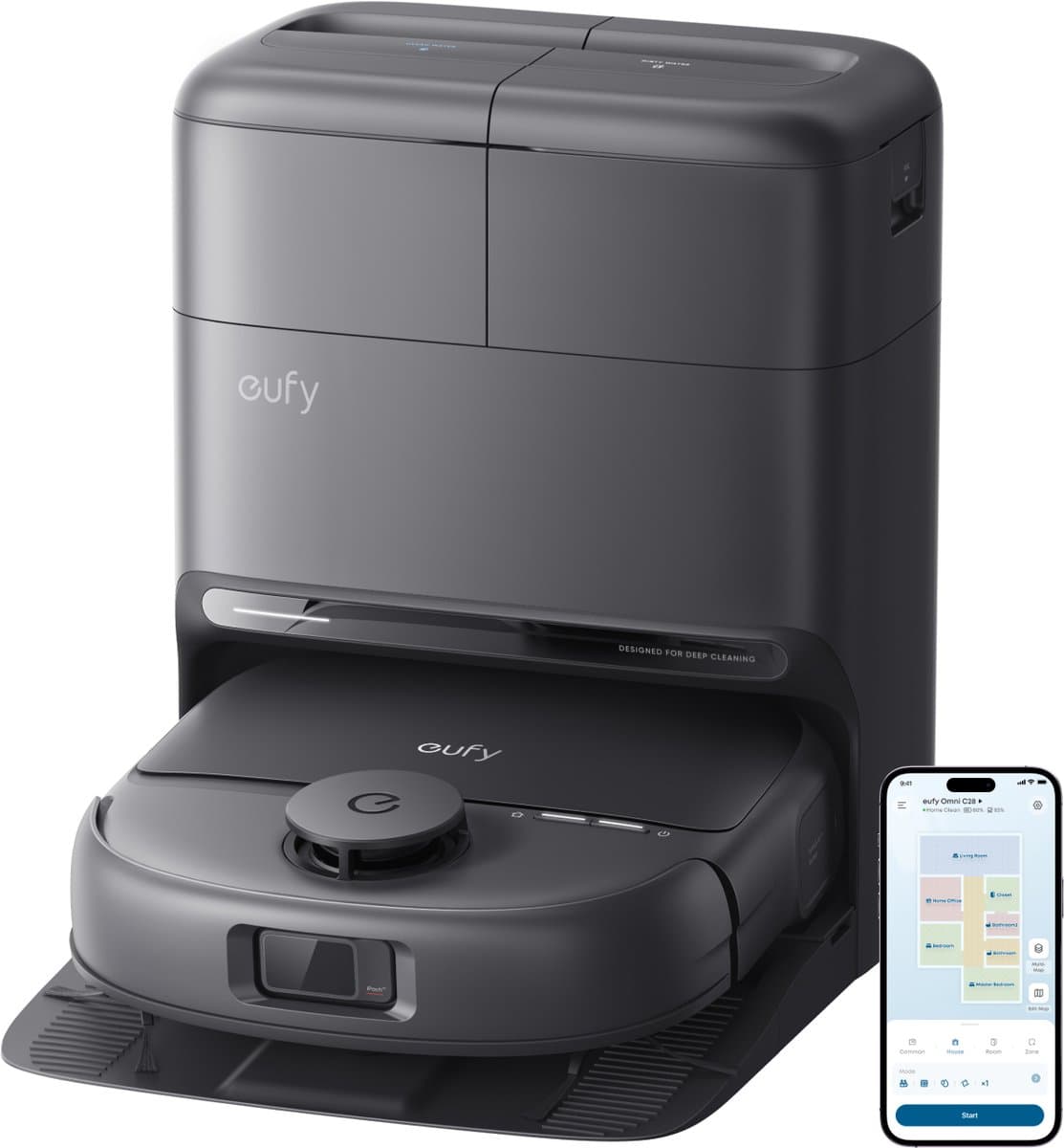 eufy Nieuw 2026 Robotstofzuiger met Dweil C28 Omni, HydroJet-zelfreinigende Dweilrol, Upgrade van X10 Pro, 15.000 Pa Zuigkracht, Alles-in-één Station, Automatisch Dweilen en Drogen, AI-obstakeldetectie — afbeelding 1