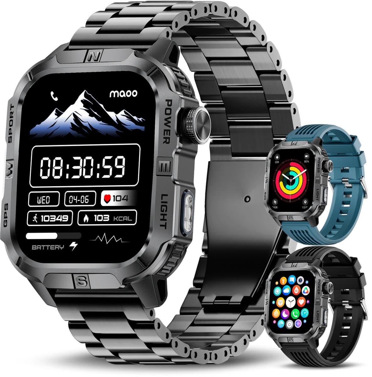 Maoo FORGE GPS Square - GPS Smartwatch Heren - Sporthorloge - 3 Bandjes - Stappenteller - Hartslagmeter - Slaapmonitor - Belfunctie - LED Zaklamp - Multisport - Geschikt voor Android en iOS - Gun Metal Blue — afbeelding 1
