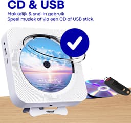 Vizual CD Speler met Radio & Bluetooth - Draagbare CD Speler voor Muur & Tafel - FM Keukenradio met Afstandsbediening - Ingebouwde Speakers - Wit — thumbnail 7
