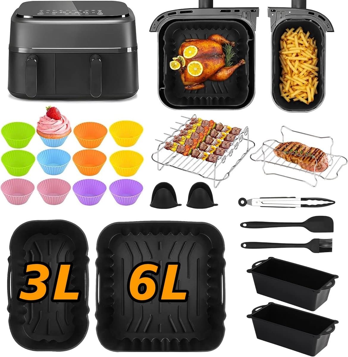 Airfryer Accessoires Set 28-delig – Geschikt voor Philips Airfryer Dual Basket 3000/5000 Serie & Tefal EY9018 – Inclusief Siliconen Bakvormen, Muffinvormen, Grillrek & Spiesen — afbeelding 1