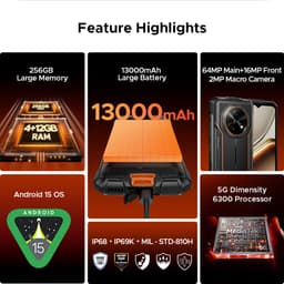 DOOGEE Fire 7 Robuuste Smartphone - IP68/IP69K Outdoor Telefoon - Dual SIM 5G - 16GB RAM - 256GB ROM - 13000mAh 18W - Android 15 - 6,6 inch - 64MP AI-camera - NFC, GPS, OTG - Oranje — thumbnail 10