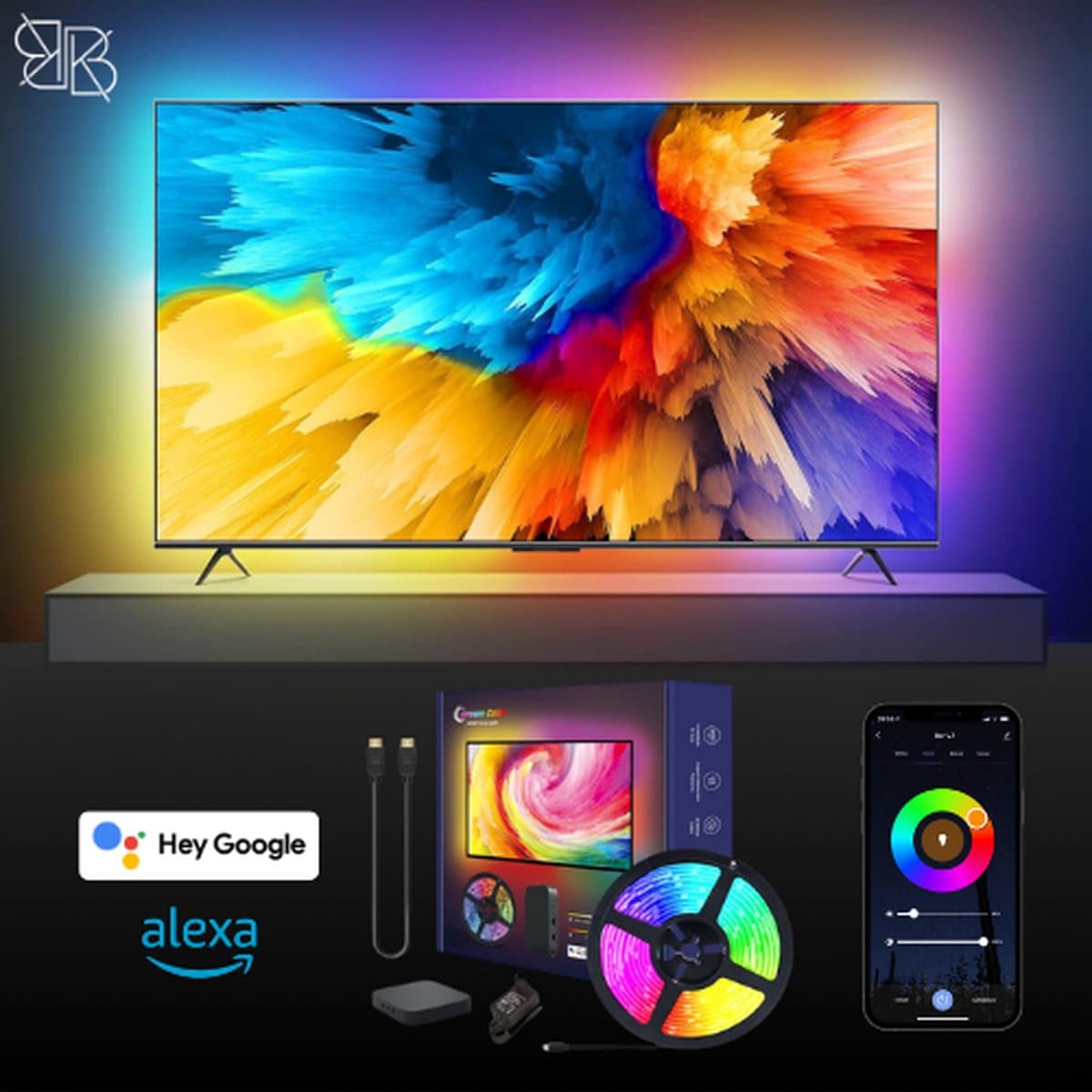 Glowinh Premium Tv Backlight- Led Verlichting - 40-50 Inch - Ambilight - Ambient Light - Led Verlichting TV - Led Strips - Ledstrip - Led Light Strips - App Tuya/Smartlife- Led Strips - Led Light - Gaming - Tv - Laptop - Alexia & Google — afbeelding 1