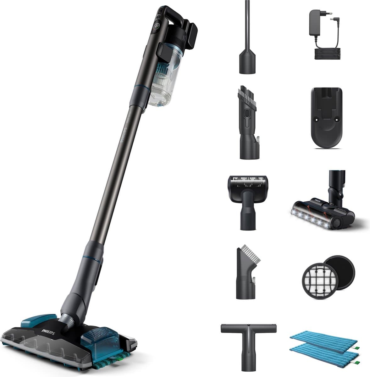 Philips Steelstofzuiger met Dweilfunctie XC8057/01 - Zuigmond met LED verlichting - Draadloos - Zonder Zak - Handstofzuigerfunctie - Alle Vloertypen - Lichtgewicht — afbeelding 1