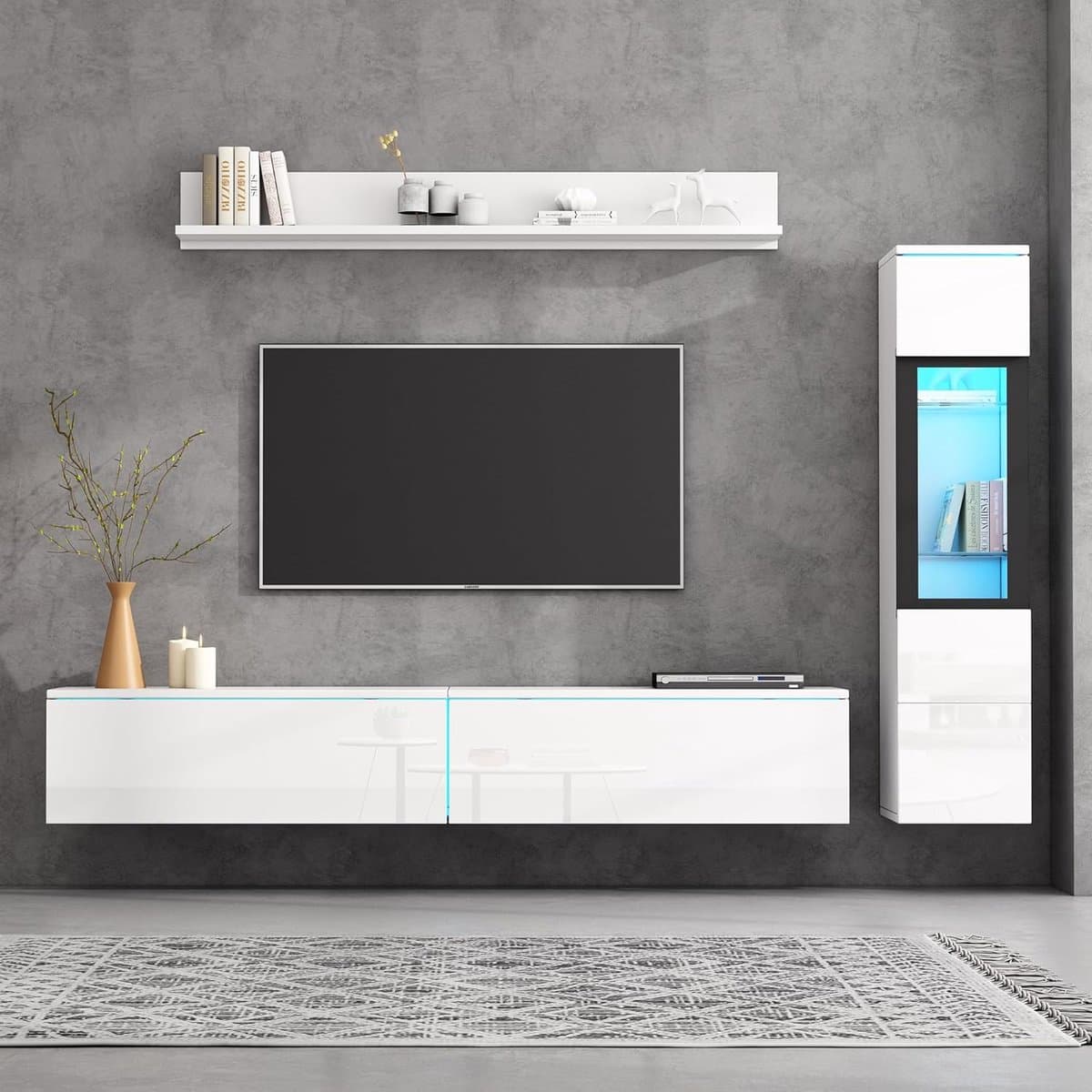 Witte Tv-Woonwand Set met LED-Verlichting - 3-delige Meubelset voor Woonkamer — afbeelding 1