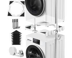 Ultradunne Universele Stapelset voor Wasmachine en Droger - Diepte Verstelbaar 45-68 cm - Wit - Inclusief Zwarte Ratelband + 4 Haken - TÜV Getest - Ruimtebesparend Tussenframe - Trillingsarm en Veilig