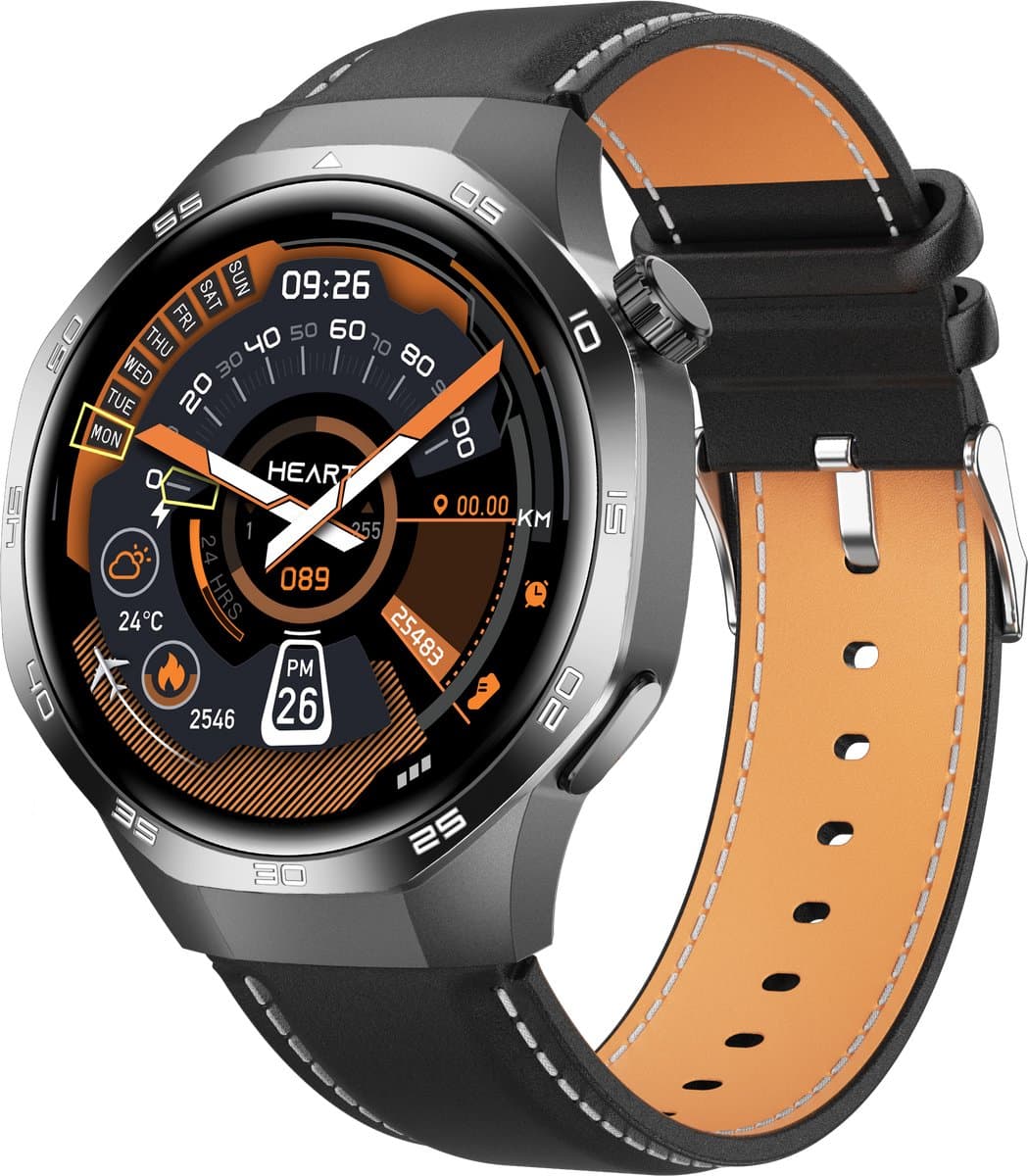 Knobbout 1.53" Stijlvolle Sport Smartwatch – NFC- Kompas, Hoogtemeter, Barometer-Bluetooth Bellen - Draadloos Opladen - hartslag, bloeddruk, zuurstofgehalte (SpO₂) - AI Assistent - medicatie innemen alert - Zwart Leren + Siliconen Band — afbeelding 1