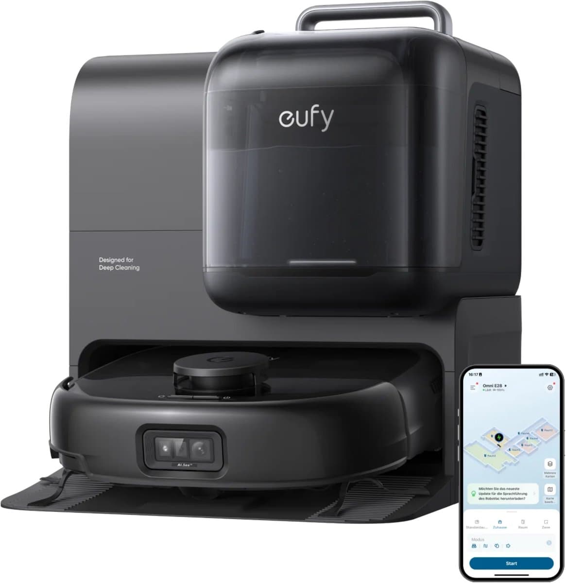 eufy Robotstofzuiger Omni E28, draagbare dieptereiniger, HydroJet dweilsysteem, 20.000 Pa zuigkracht, DuoSpiral borstels die ontklitten, CornerRover arm voor het schoonmaken van hoeken, alles-in-één-station, voor gezinnen met huisdieren en kinderen. — afbeelding 1