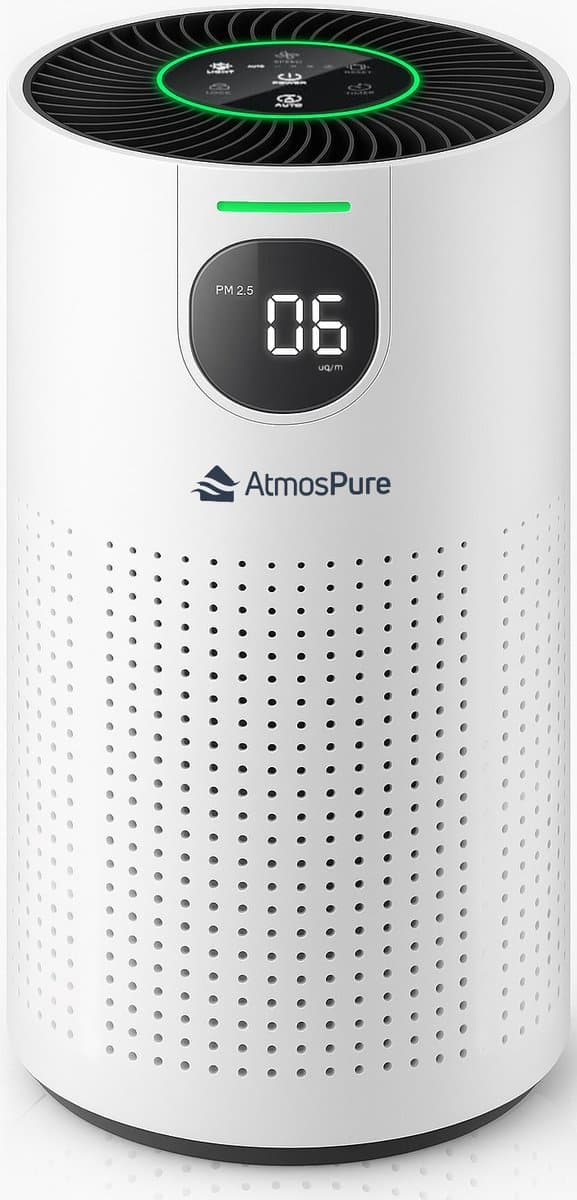 AtmosPure® CleanAir Luchtreiniger - Air Purifier met vervangbaar HEPA 13 + Koolstof filter - CADR 250 m³/h - Wit - Voor 98 m² - Filtert pollen, huisstofmijtallergenen en fijnstof - 3 standen + stille slaapstand - Luchtkwaliteit Sensor — afbeelding 1
