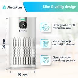 AtmosPure® CleanAir Luchtreiniger - Air Purifier met vervangbaar HEPA 13 + Koolstof filter - CADR 250 m³/h - Wit - Voor 98 m² - Filtert pollen, huisstofmijtallergenen en fijnstof - 3 standen + stille slaapstand - Luchtkwaliteit Sensor — thumbnail 11