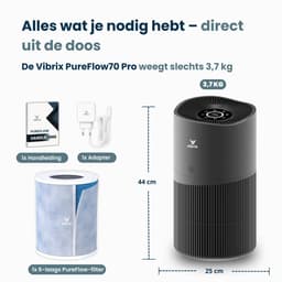 Vibrix PureFlow70 Pro Luchtreiniger / Air Purifier – EPA 14 + koolstoffilter – 468 m³/u – Voor kamers tot 70 m² – Ionisator – App-bediening – Zeer stil met slaapstand – Luchtkwaliteitindicator — thumbnail 7