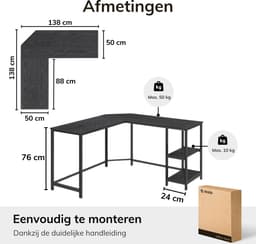 ACAZA Bureau - Hoekbureau - Zwart - 138 x 50 x 76 cm (L x B x H) - Bureautafel - Game Bureau - Bureau Gaming - Game Bureau — thumbnail 2