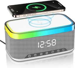 Bluetooth speaker met draadloos opladen en digitale klok, LED display, 15W Qi opladen, 2x10W speaker, 6 sfeerlampen, BT5.3/AUX/TF/USB-wit — thumbnail 1