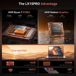 2025 AMD laptop - 15.6 inch Laptop met AMD Ryzen 7 5000 Serie (8C/16T, tot 4.3GHz) - 16GB RAM 512GB NVMe SSD Windows 11 Pro Laptop - Radeon RX Vega 8 graphics - WiFi 6 — thumbnail 2