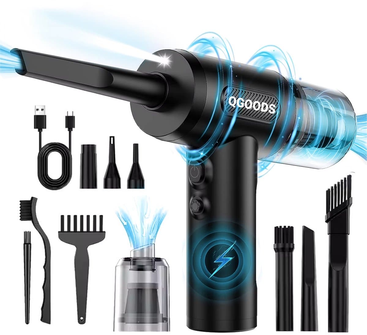 2-in-1 Auto Stofzuiger - Zuigen & Blazen - Kruimeldief - 7 Opzetstukken - Oplaadbaar - Handstofzuiger - Airduster - Zwart — afbeelding 1
