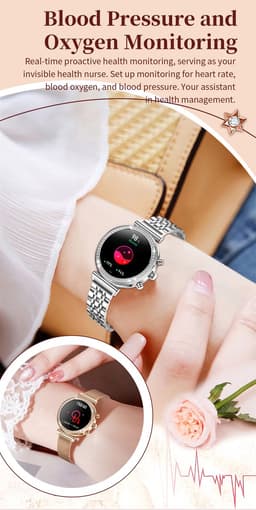 Knobbout Luxe Dames Smartwatch 1.27” met Kristallen – Bluetooth Bellen – HD Touchscreen – Hartslag, Bloeddruk & SpO₂ Monitoring – Vrouwelijke Gezondheidsfuncties – AI spraakassistent– IP68 Waterdicht – Rosé goud stalen horlogeband — thumbnail 7