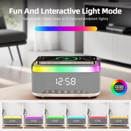 Bluetooth speaker met draadloos opladen en digitale klok, LED display, 15W Qi opladen, 2x10W speaker, 6 sfeerlampen, BT5.3/AUX/TF/USB-wit — thumbnail 2
