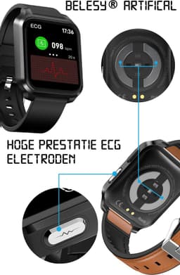 Belesy® ARTIFICIAL - Smartwatch Dames - Smartwatch Heren - Horloge - 1.70 inch – kleurenscherm – Stappenteller – Calorieën - Gezondheidsindicatoren – Je eigen foto als wijzerplaat - Leer – Bruin – Zwart - Moederdag — thumbnail 8