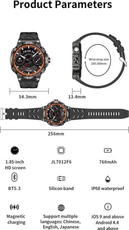 Knobbout 1.85 inch HD Sport Smartwatch - 760mAh Battery -Voorzien van GPS, AI-assistent & Bluetooth-bellen -Alles-in-één: Gezondheid, sport, communicatie & lifestyle-Stijlvol, slim en volledig aanpasbaar aan jouw leven-Zwart staal+ rubber horlogeband — thumbnail 7