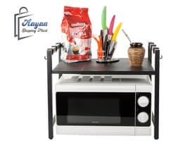 Verstelbaar Magnetronrek – Keukenschap van RVS – Zwart – Ruimtebesparend Keukenrek– magnetron rek – Keuken Magnetronkast met 6 Haken – voor Magnetrons, Airfryers, Oven – 36557