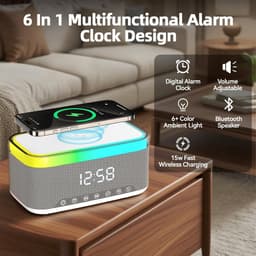 Bluetooth speaker met draadloos opladen en digitale klok, LED display, 15W Qi opladen, 2x10W speaker, 6 sfeerlampen, BT5.3/AUX/TF/USB-wit — thumbnail 3