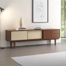 Tv-kast van massief hout met 2 laden en 2 schuifdeuren voor tv's tot 75 inch in Scandinavische vintage stijl — thumbnail 6