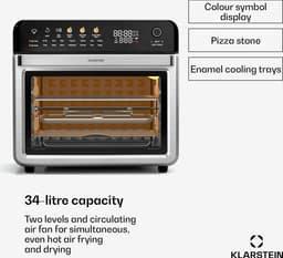 Klarstein Airfryer AirGlaze Digitale Kleuren Heteluchtfriteuse – 34 liter, 2200 W, 19 Programma's, Rotisserie, Touchscreen, 40-350 °C, Pizzasteen & Grillroosters, Roestvrij Staal, Dubbelwandige Deur, Zwart - voor Keuken - Heteluchtoven — thumbnail 4