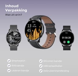 Kiraal Valencia AMOLED Smartwatch voor Dames - RVS, Lederen en Siliconen Bandje - Hartslagmeter - Stappenteller - Slaapmonitor - Multisport - Compatibel met Android en iOS - Zwart — thumbnail 2