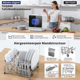 AIRMSEN Mini Vaatwasser - Met Waterontharder - Vrijstaand - Ingebouwd Watertank 5L - 4 Couverts - Wit/Zwart — thumbnail 10