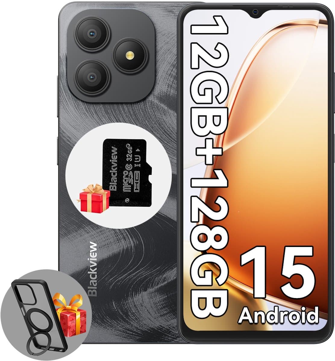 Blackview WAVE 9C Smartphone - 4G Dual SIM - 12 RAM 128GB ROM - Octa Core - 6.56 inch - Android 15 - 32GB TF kaart - Ringhouder Telefoonhoesje - Zwart — afbeelding 1