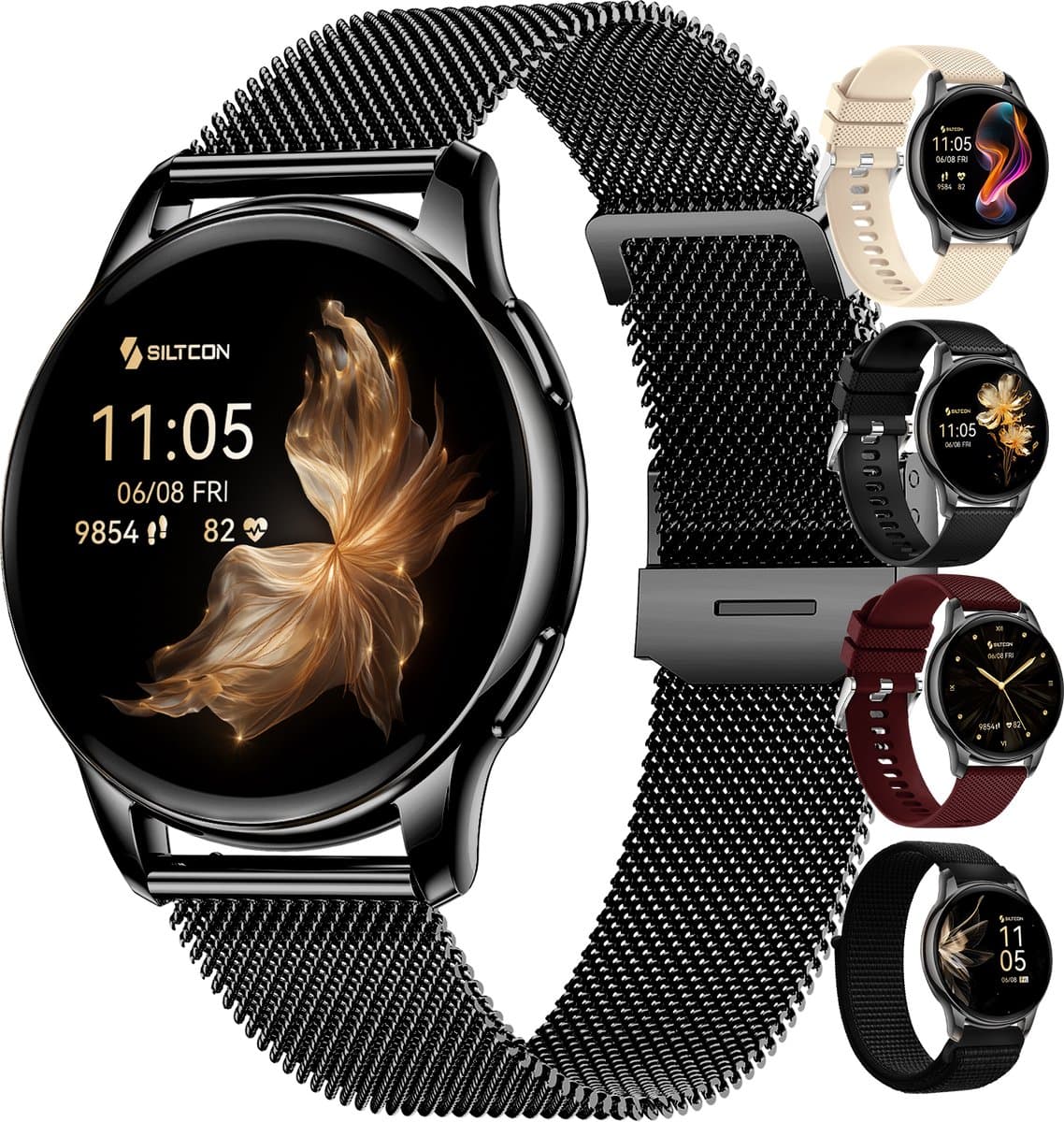 Siltcon® Auréa Smartwatch Dames & Heren - Horloge Dames - Stappenteller Horloge Dames - Hartslagmeter - Slaapmonitor - Saturatiemeter - Geschikt voor iOS/Android - AMOLED - RVS - Elke pols - Incl. 5 Bandjes — afbeelding 1