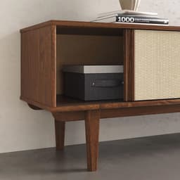 Tv-kast van massief hout met 2 laden en 2 schuifdeuren voor tv's tot 75 inch in Scandinavische vintage stijl — thumbnail 5