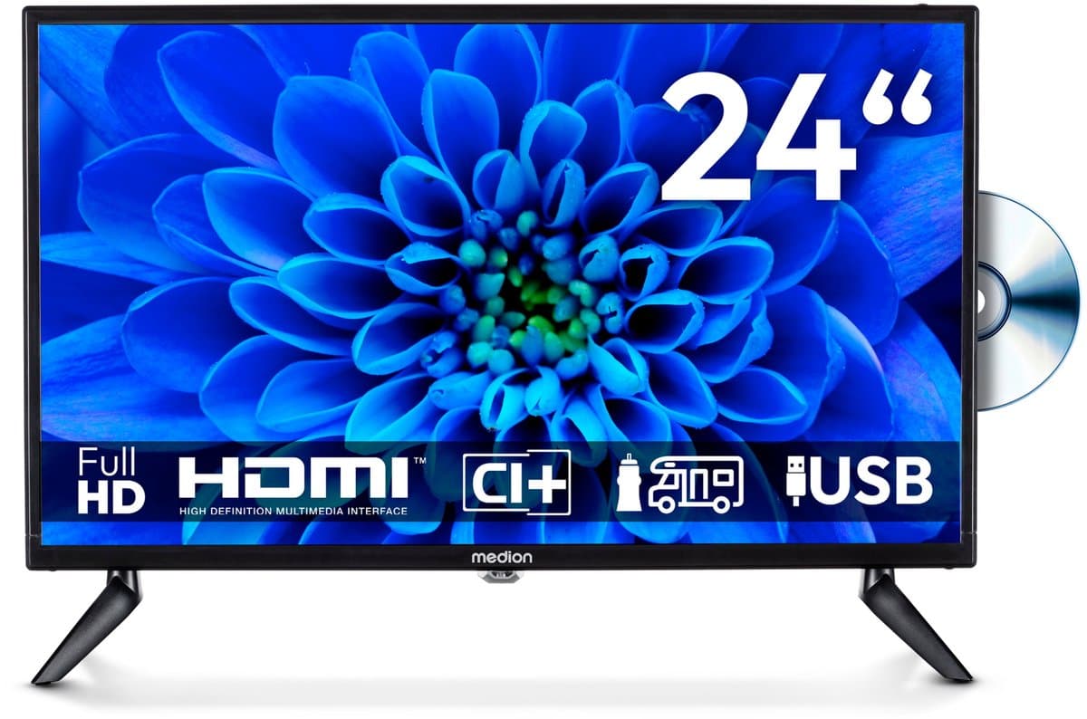 MEDION 59,9 cm (24 inch) Full HD TV (ingebouwde dvd-speler, ideaal voor camping, camper, vrachtwagen, tuin, 12V auto-adapter, Triple Tuner, HDMI, USB), MD 824001 — afbeelding 1