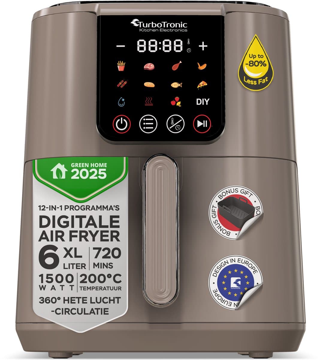 Turbotronic AF-250 Airfryer XL AirChef - 6L- Heteluchtfriteuse - Dual Heating - 50ºC tot 200ºC - 12 Kookprogramma's - Truffle Grey — afbeelding 1