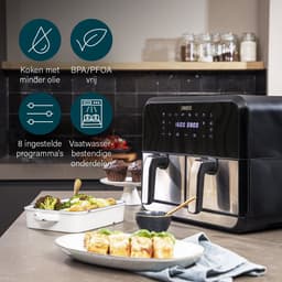 Princess Double Basket Airfryer 182074 - Dubbele Airfryer - 9 liter - 2 manden - XL - 8 programma's- 2400W - Dubbele heteluchtfriteuse - PFAS vrij - Touchscreen - RVS/Zwart - Sync functie — thumbnail 2