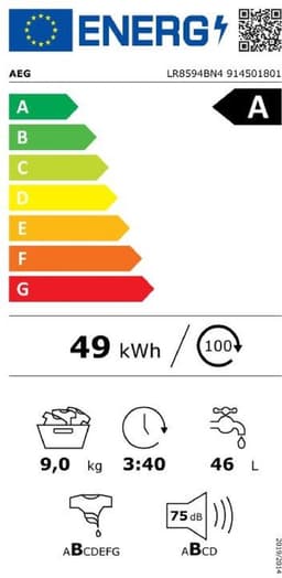 AEG LR8594BN4 8000 serie PowerCare - Wasmachine - Energielabel A - 1400 toeren - 9 kg - NL/FR — thumbnail 2