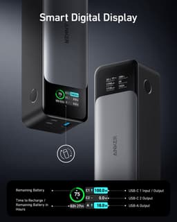 Anker 737 Powerbank (PowerCore 24K) 24.000mAh - 140W - 2x USB-C en 1x USB-A Poorten - Zwart/Zilver - Smart Digital Display - Geschikt voor Smartphones en Laptops — thumbnail 5